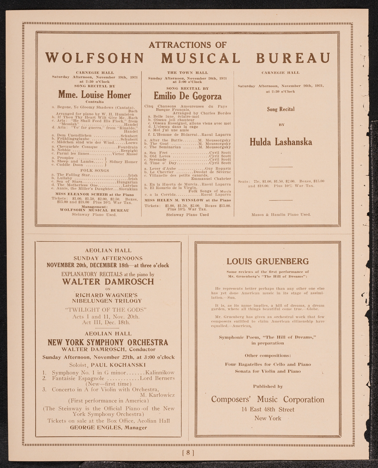 Frieda Hempel, Soprano, November 15, 1921, program page 8
