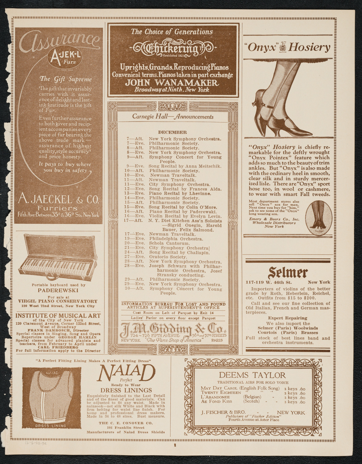 Sigrid Onégin, Contralto, December 6, 1922, program page 3
