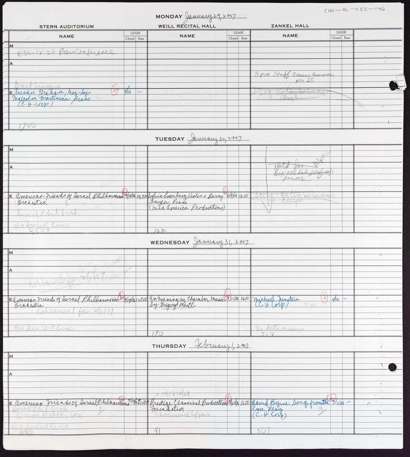 Carnegie Hall Booking Ledger, volume 52, page 46