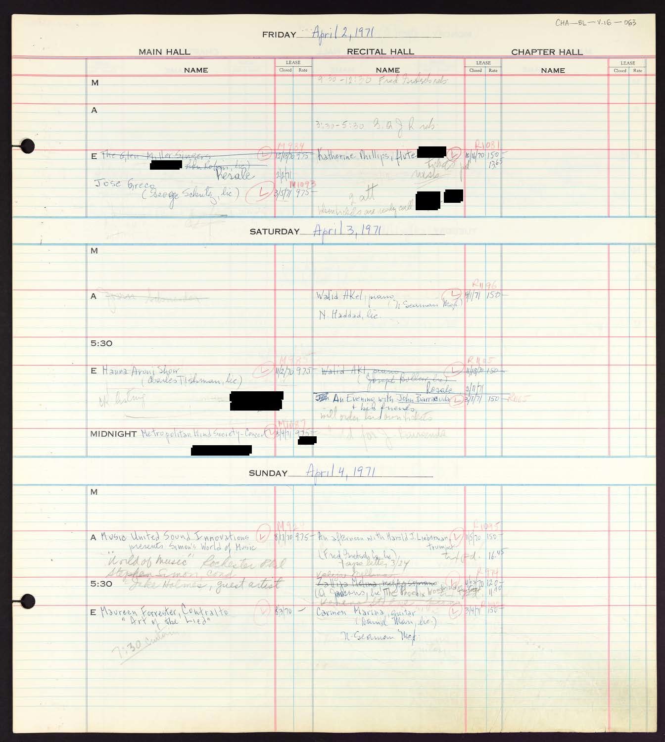 Carnegie Hall Booking Ledger, volume 16, page 63