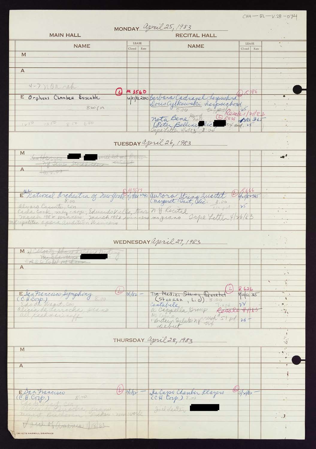 Carnegie Hall Booking Ledger, volume 28, page 74