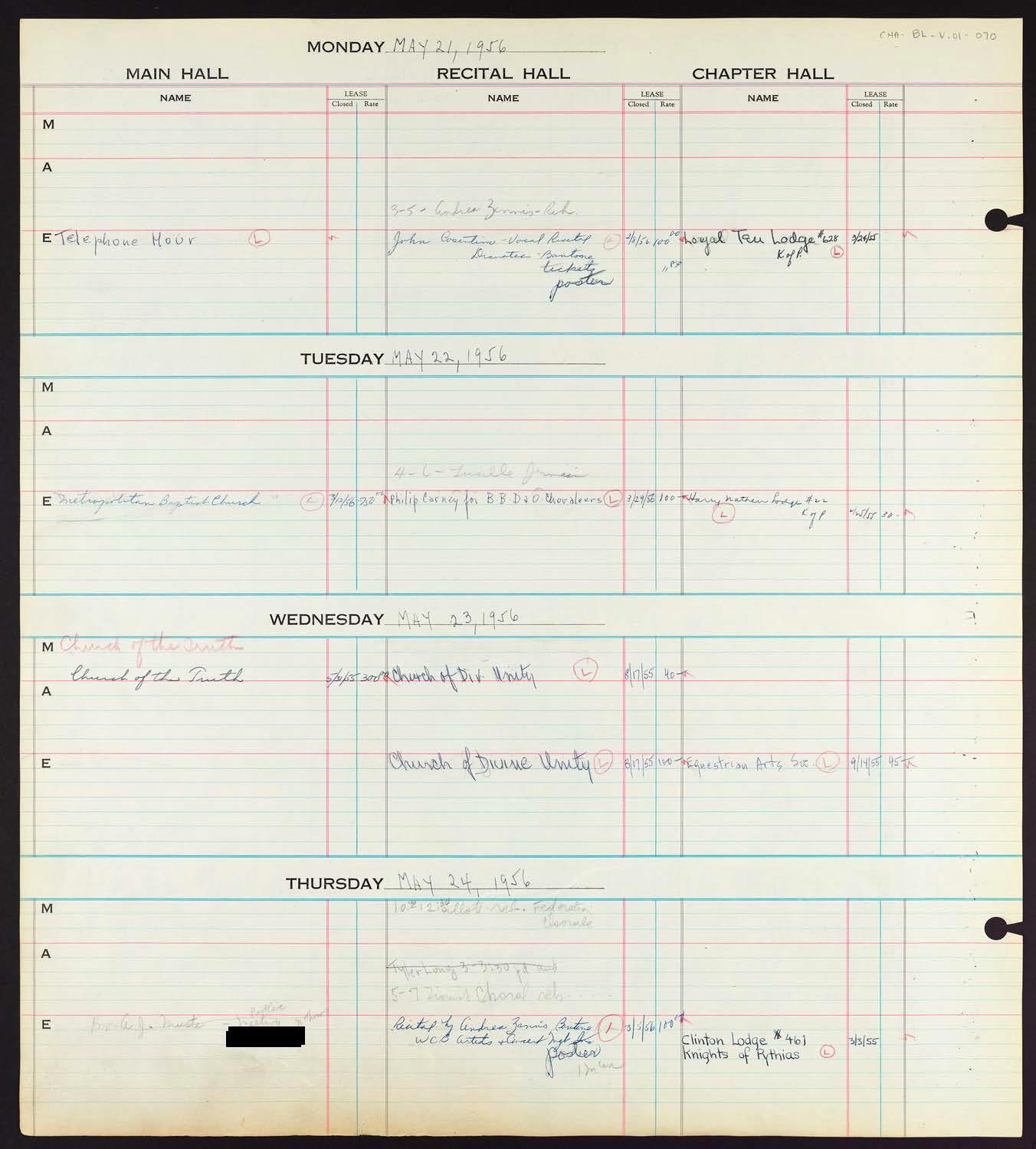 Carnegie Hall Booking Ledger, volume 1, page 70