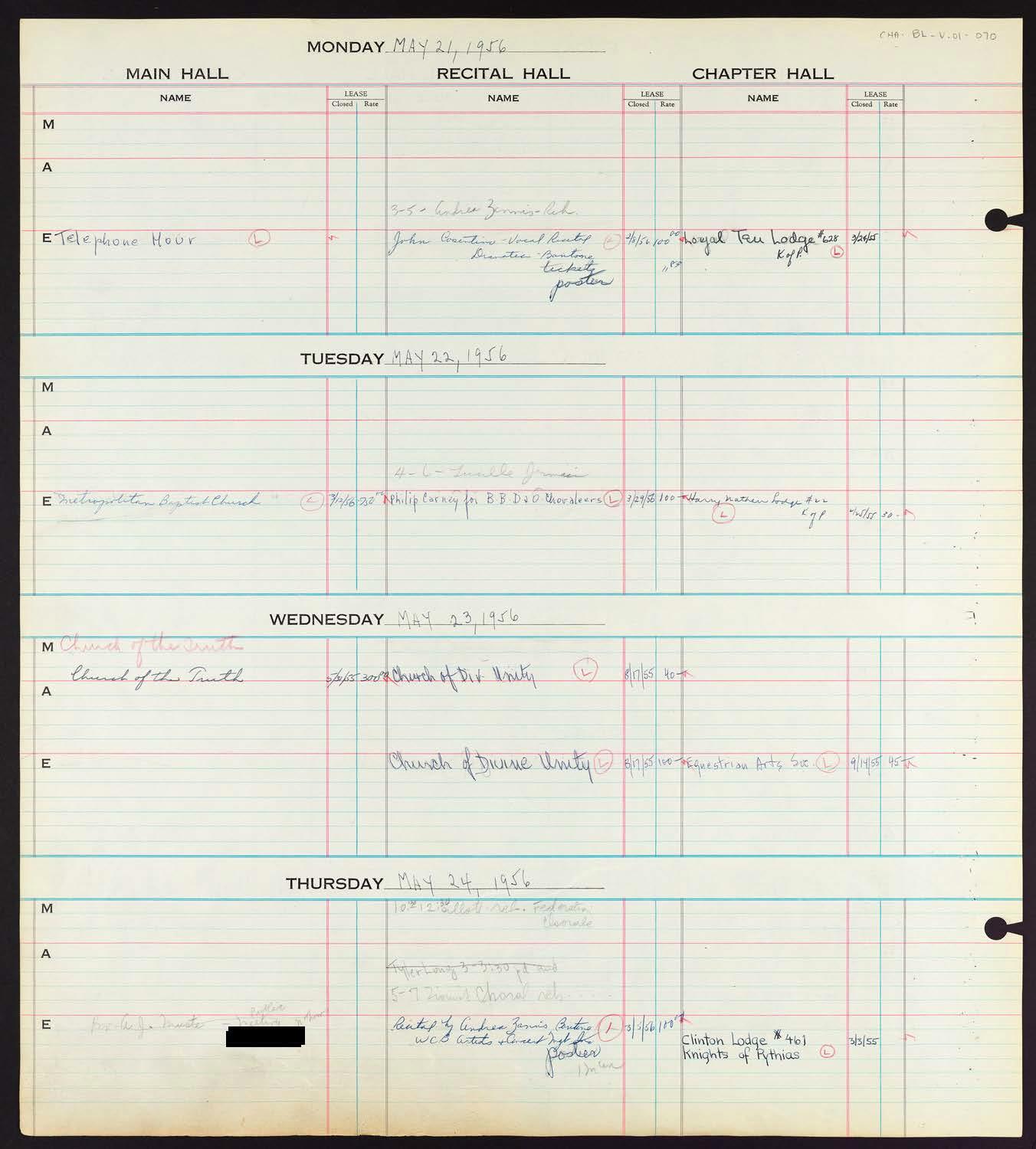 Carnegie Hall Booking Ledger, volume 1, page 70