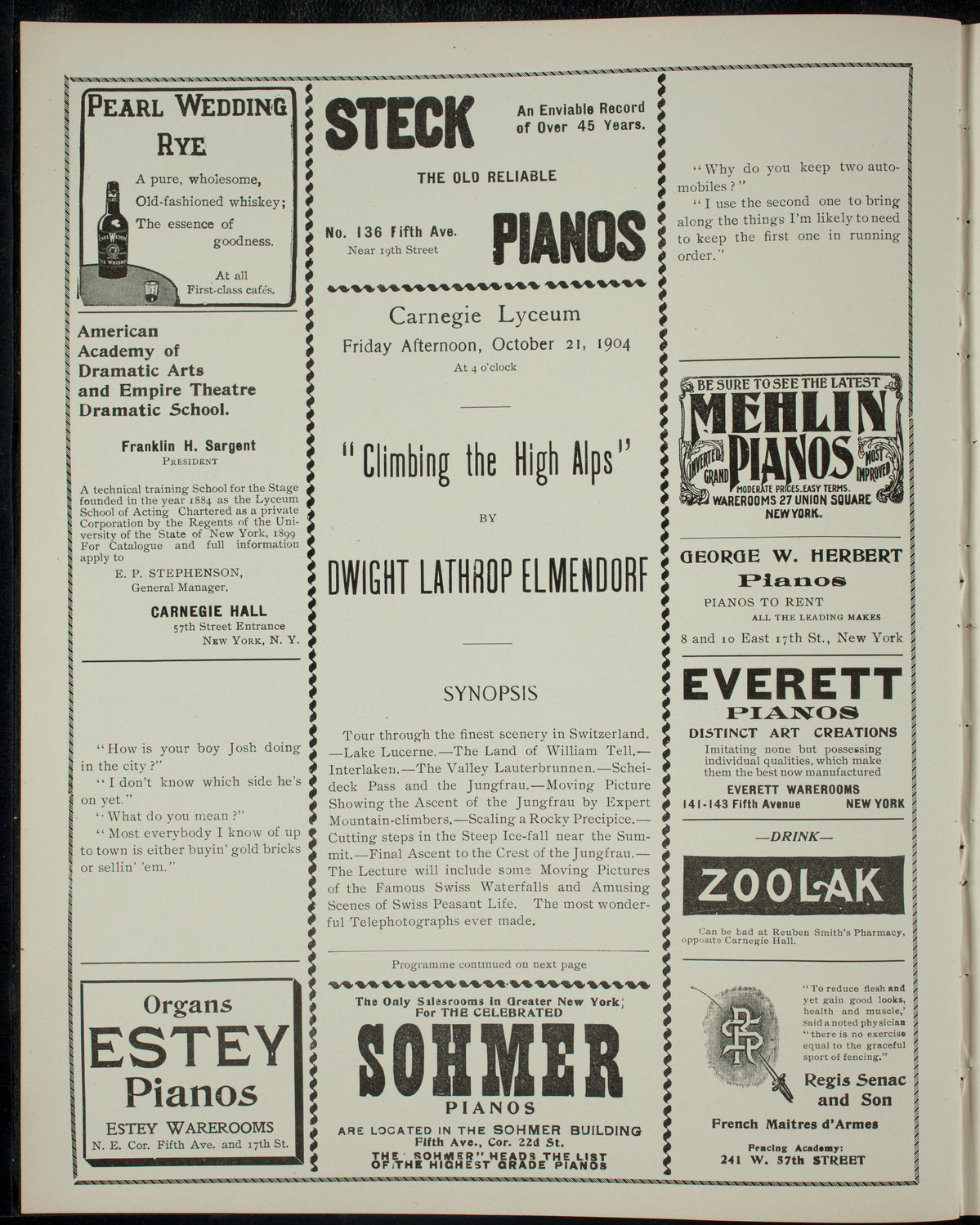 Elmendorf Lecture: Climbing the High Alps, October 21, 1904, program page 2