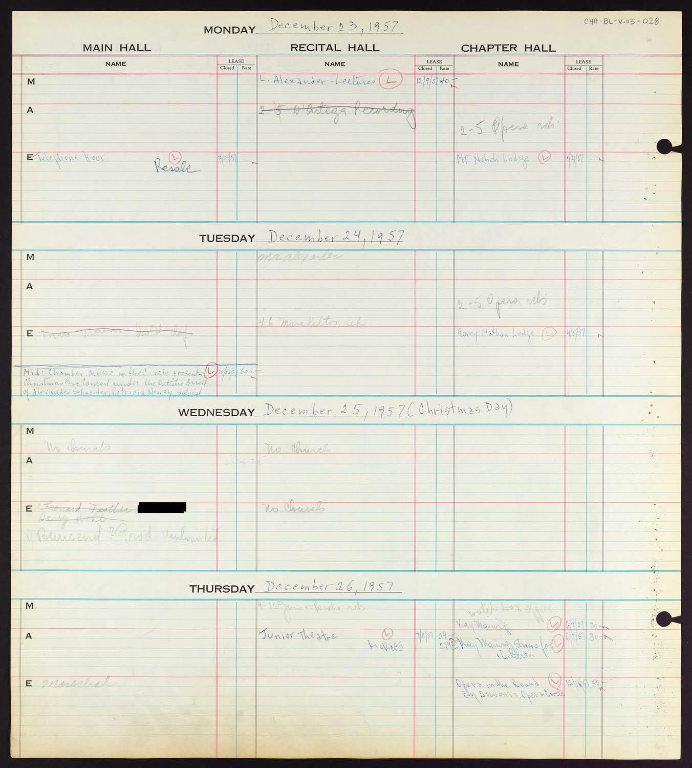 Carnegie Hall Booking Ledger, volume 3, page 28