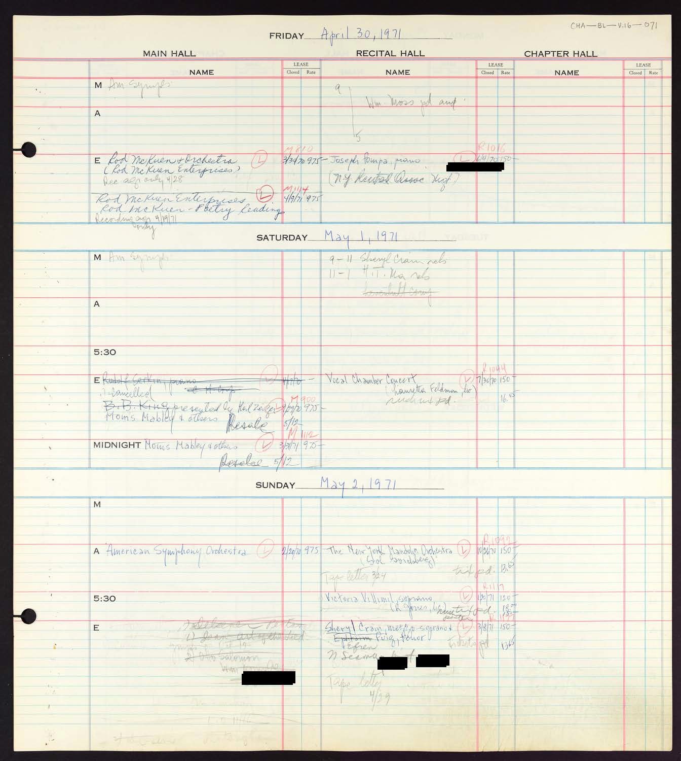 Carnegie Hall Booking Ledger, volume 16, page 71