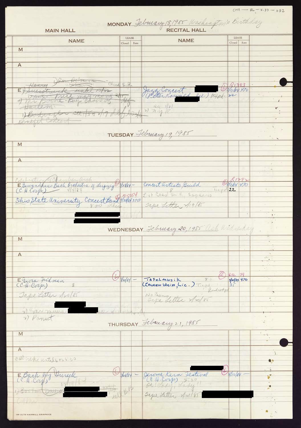 Carnegie Hall Booking Ledger, volume 30, page 52