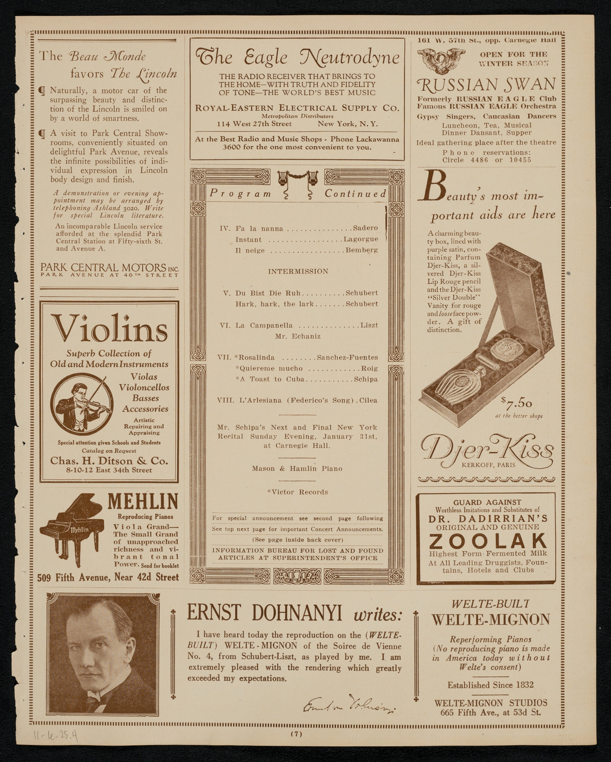 Tito Schipa, Tenor, November 1, 1925, program page 7