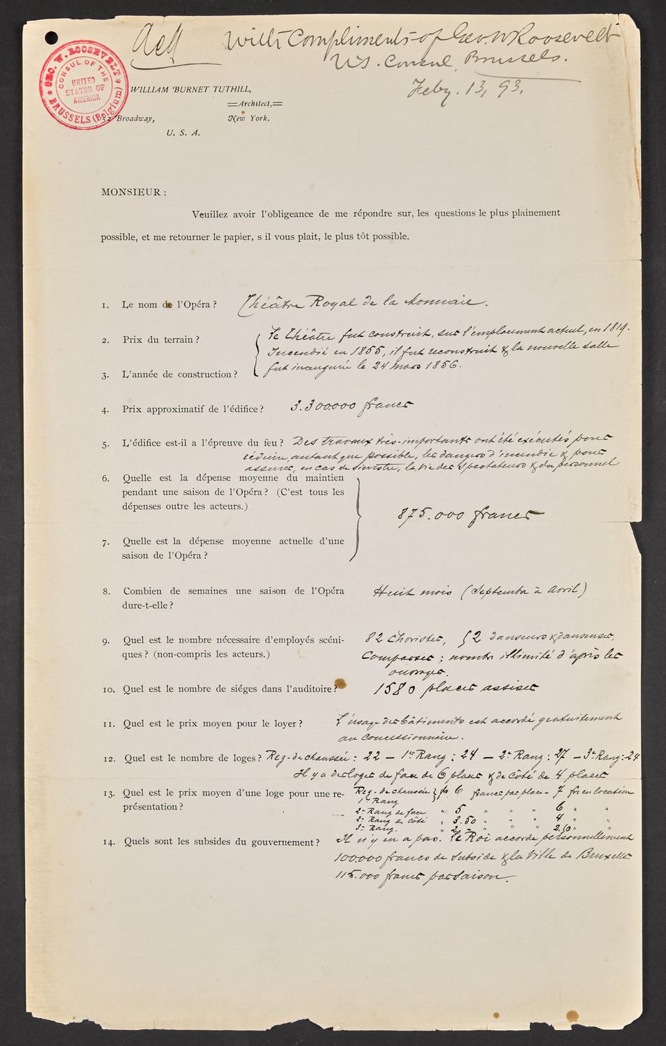 Questionnaire to Théâtre Royal de la Monnaie, February 13, 1893