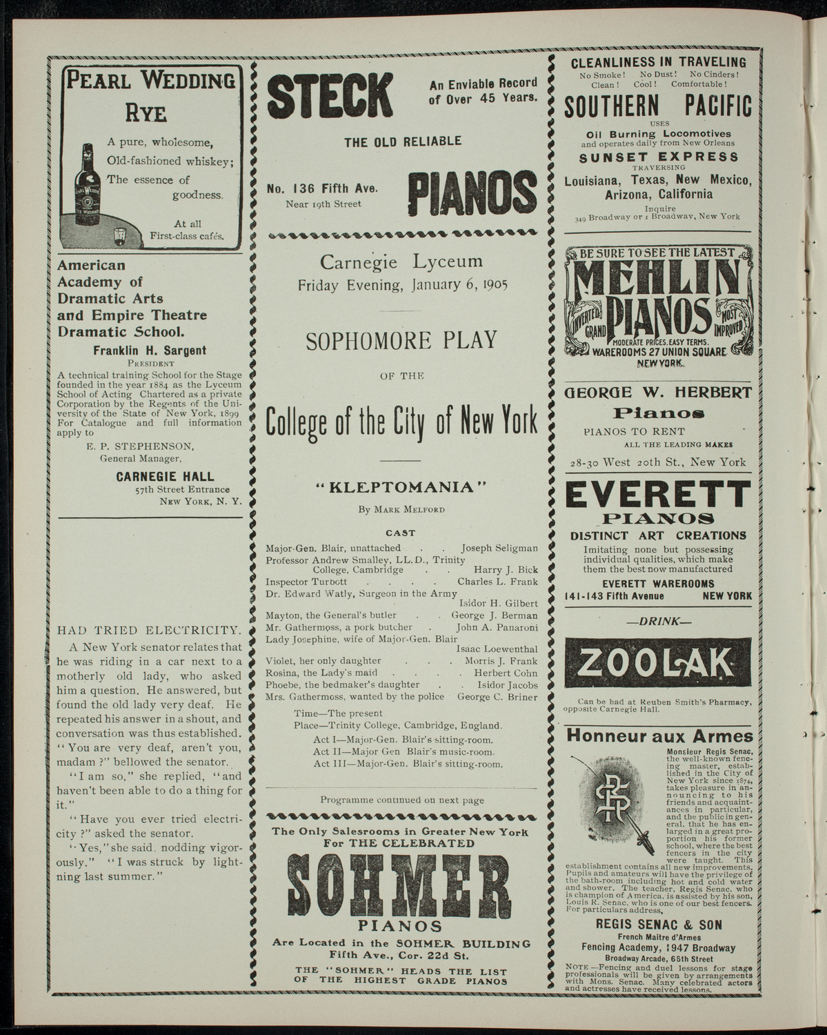 College of the City of New York Sophomore Play, January 6, 1905, program page 2