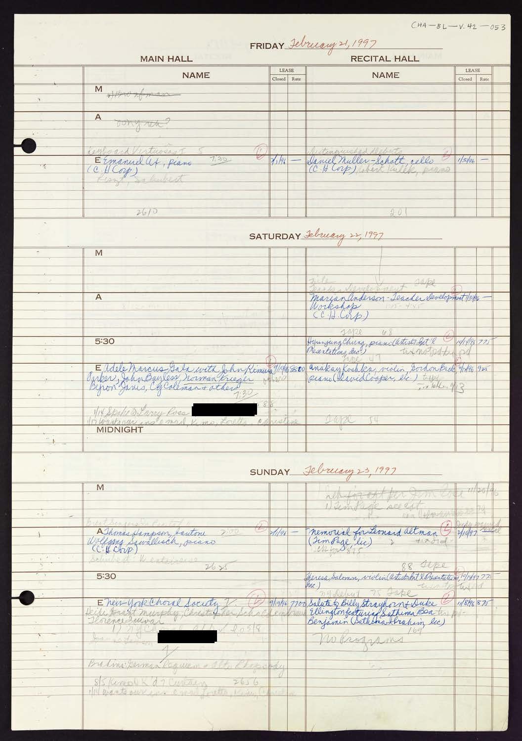 Carnegie Hall Booking Ledger, volume 42, page 53