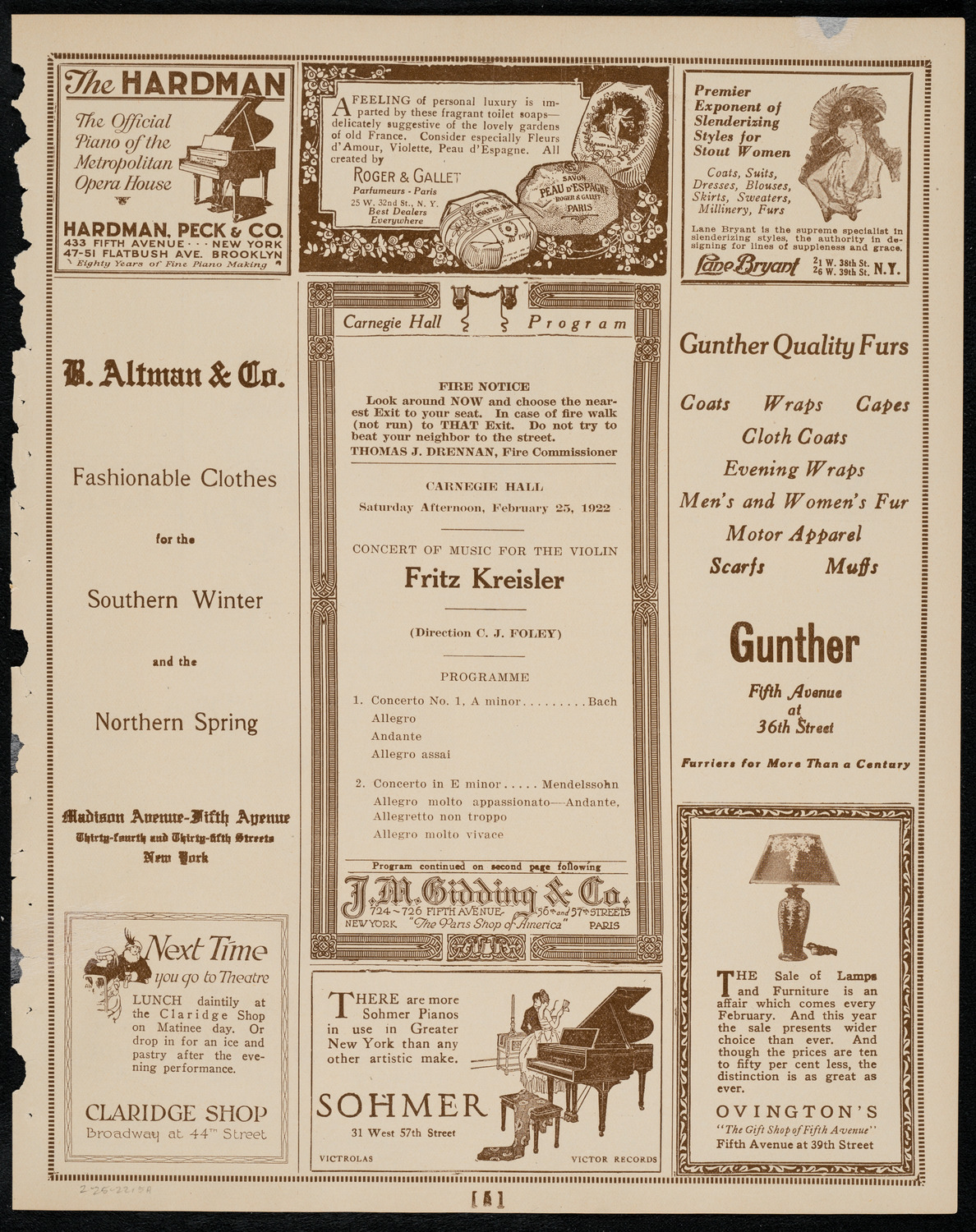 Fritz Kreisler, Violin, February 25, 1922, program page 5