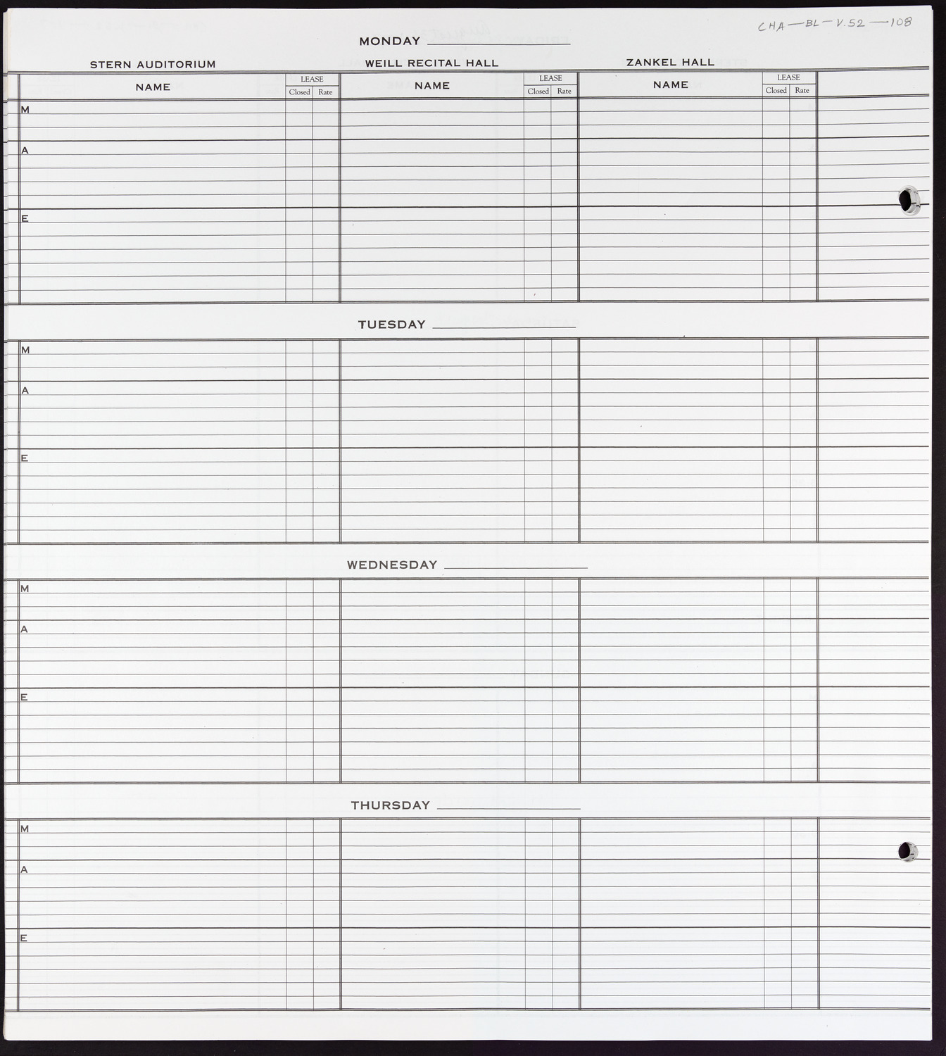 Carnegie Hall Booking Ledger, volume 52, page 108