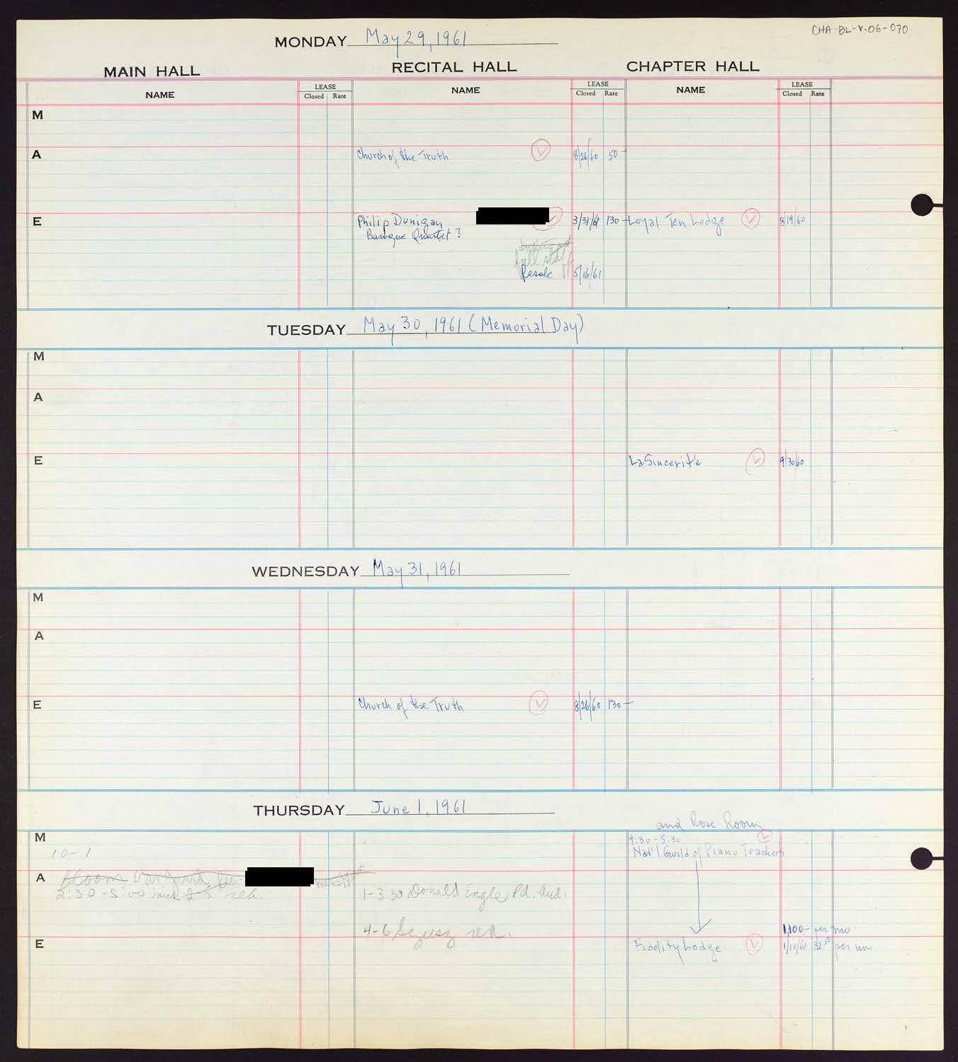 Carnegie Hall Booking Ledger, volume 6, page 70