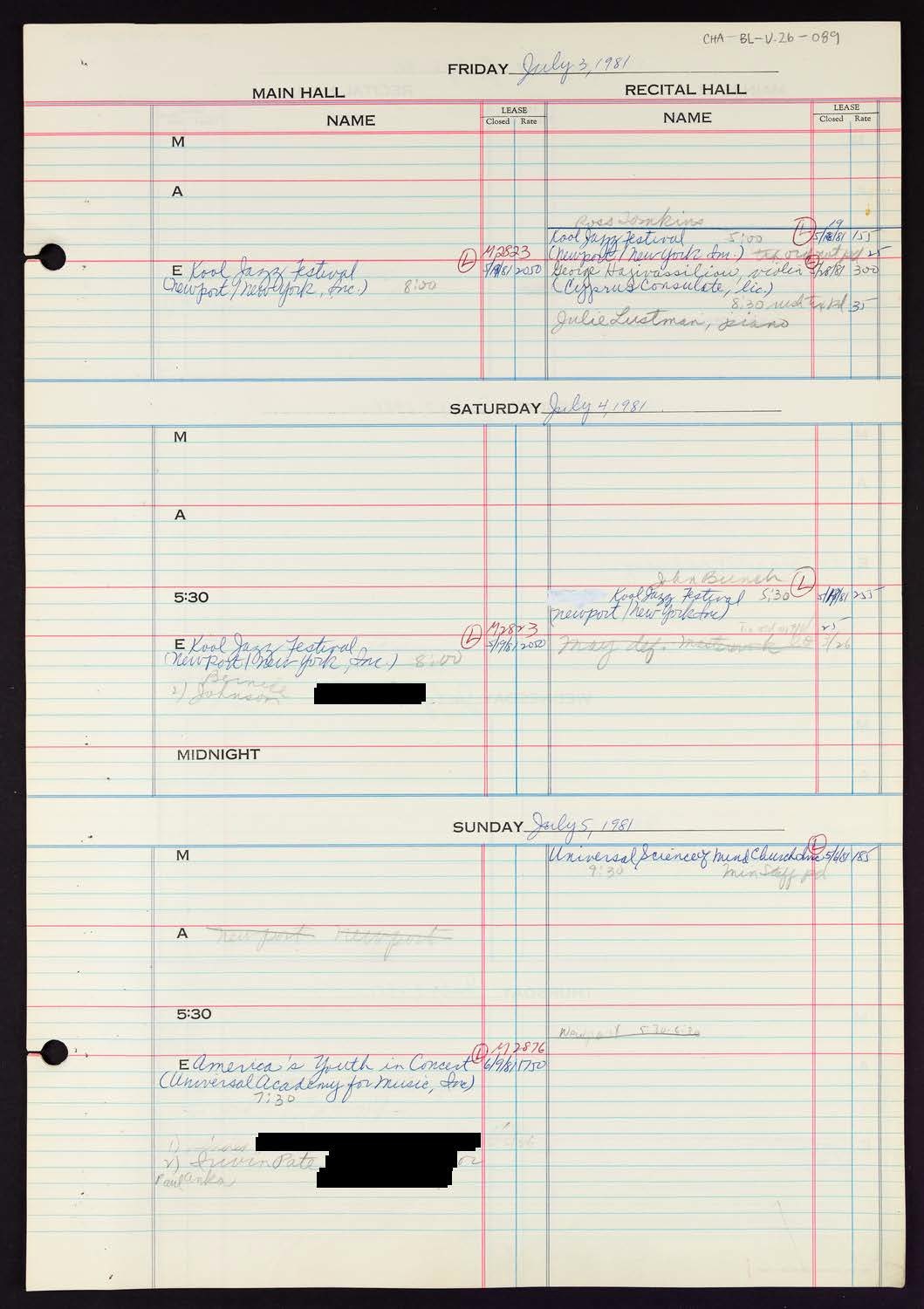 Carnegie Hall Booking Ledger, volume 26, page 89