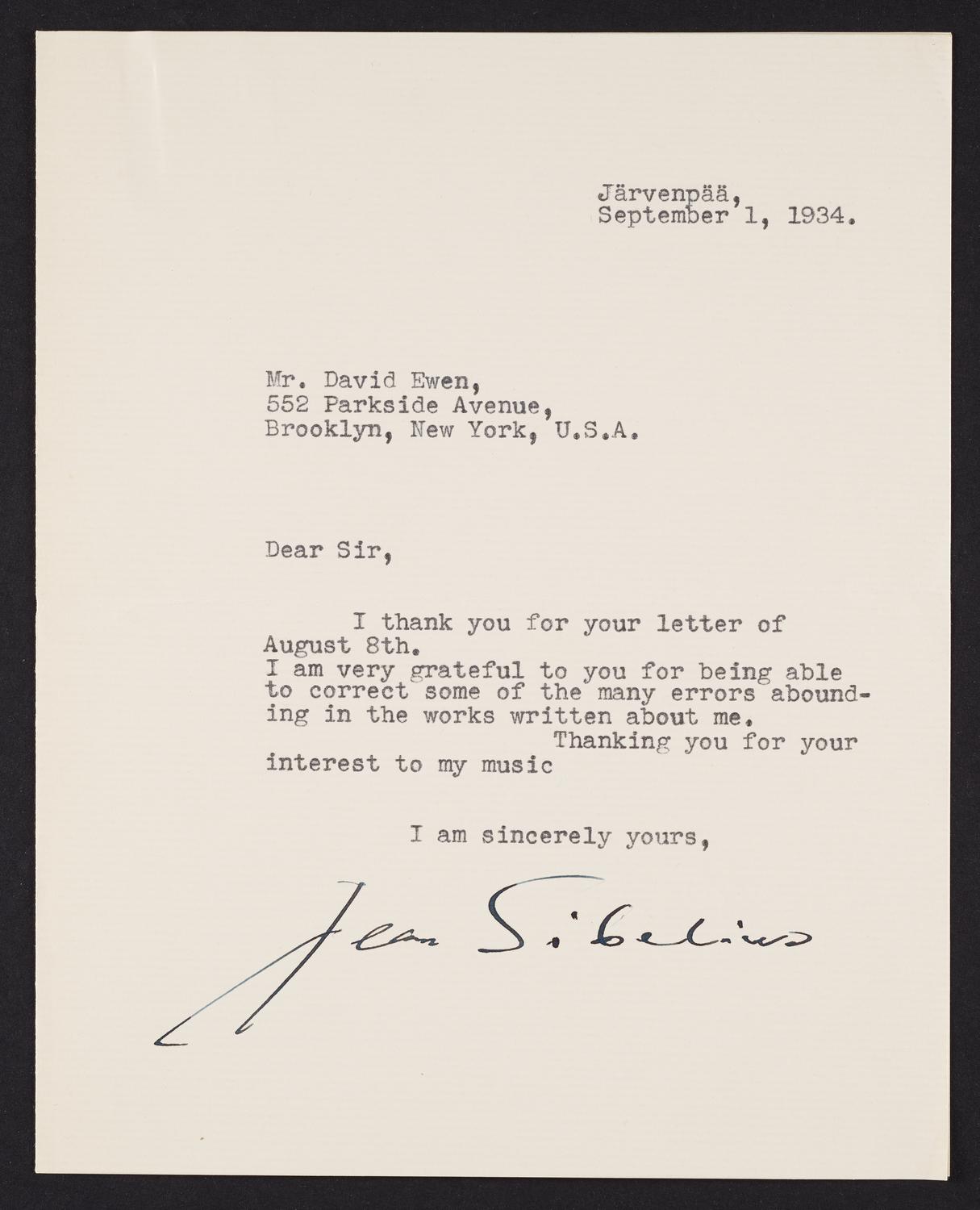 Correspondence from Jean Sibelius to David Ewen