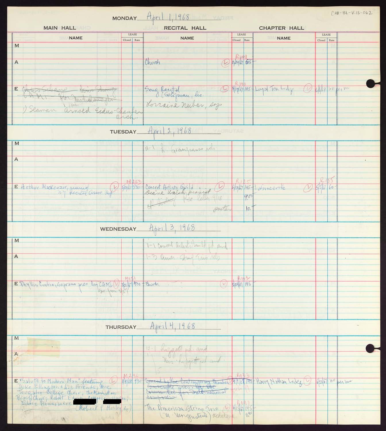 Carnegie Hall Booking Ledger, volume 13, page 62