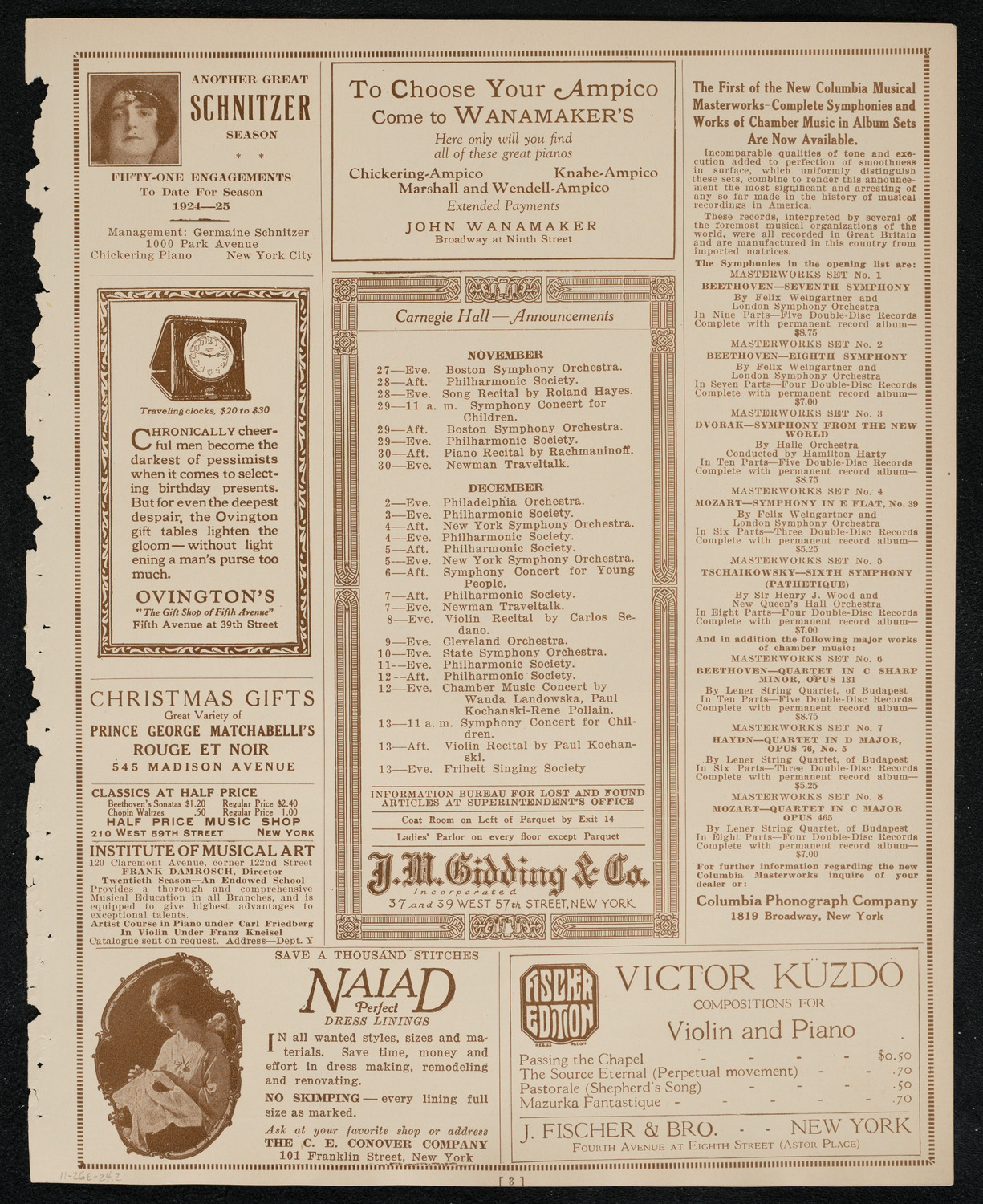 New York Philharmonic, November 26, 1924, program page 3