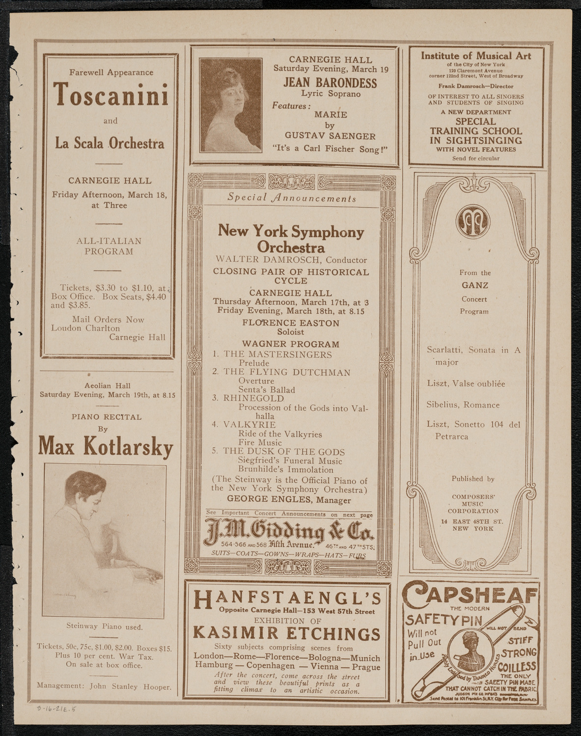 Schola Cantorum of New York, March 16, 1921, program page 9