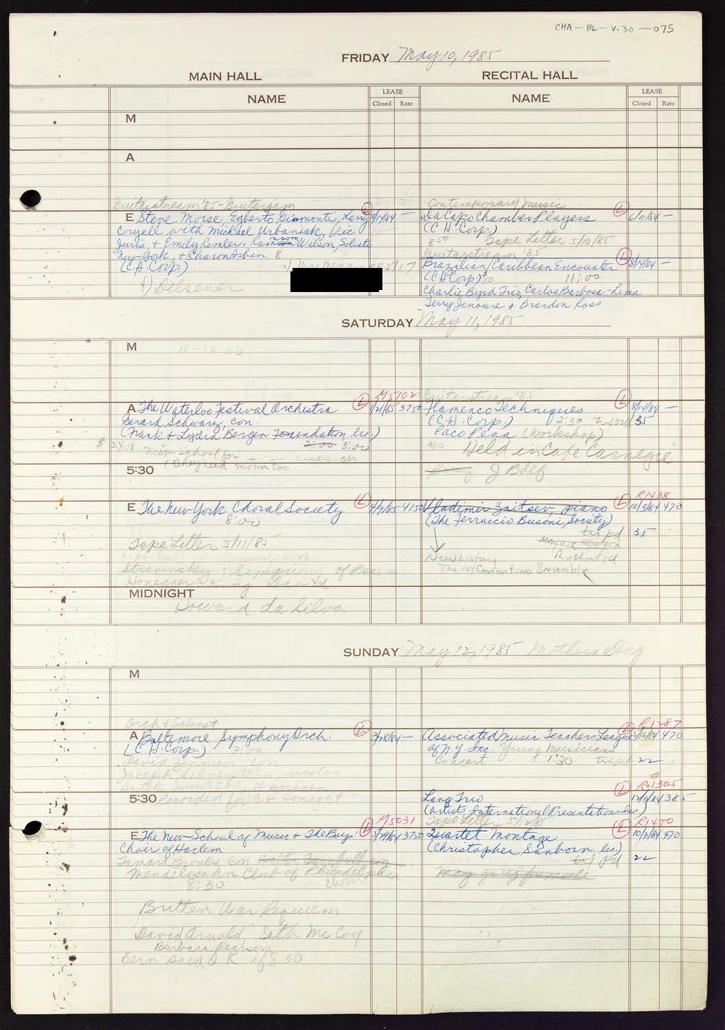 Carnegie Hall Booking Ledger, volume 30, page 75