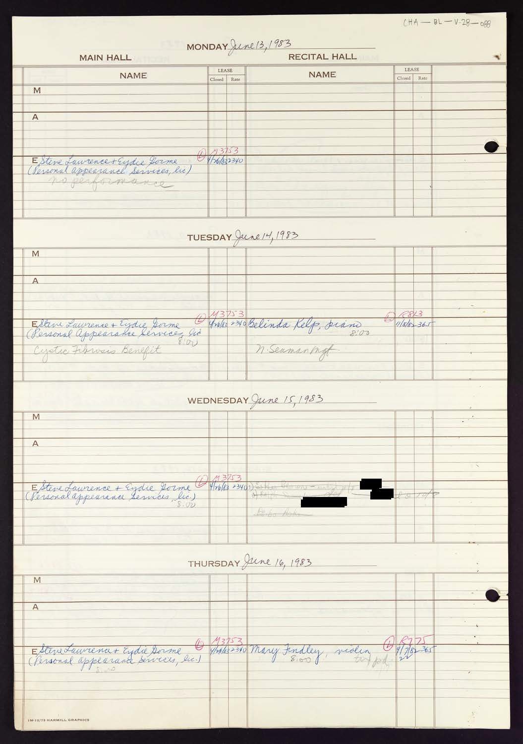 Carnegie Hall Booking Ledger, volume 28, page 88