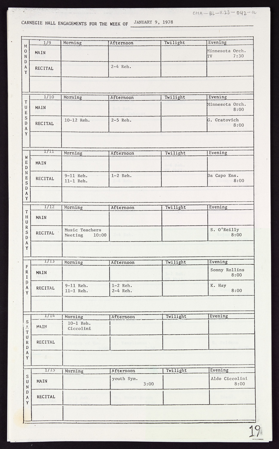 Carnegie Hall Booking Ledger, volume 23, page 42a