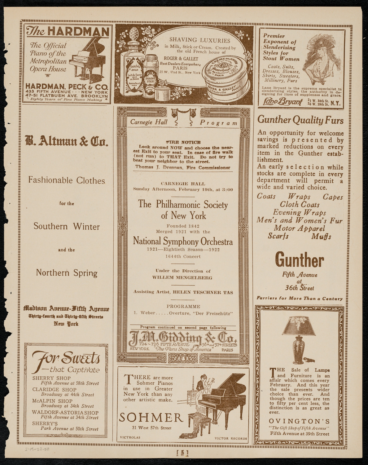 New York Philharmonic, February 19, 1922, program page 5