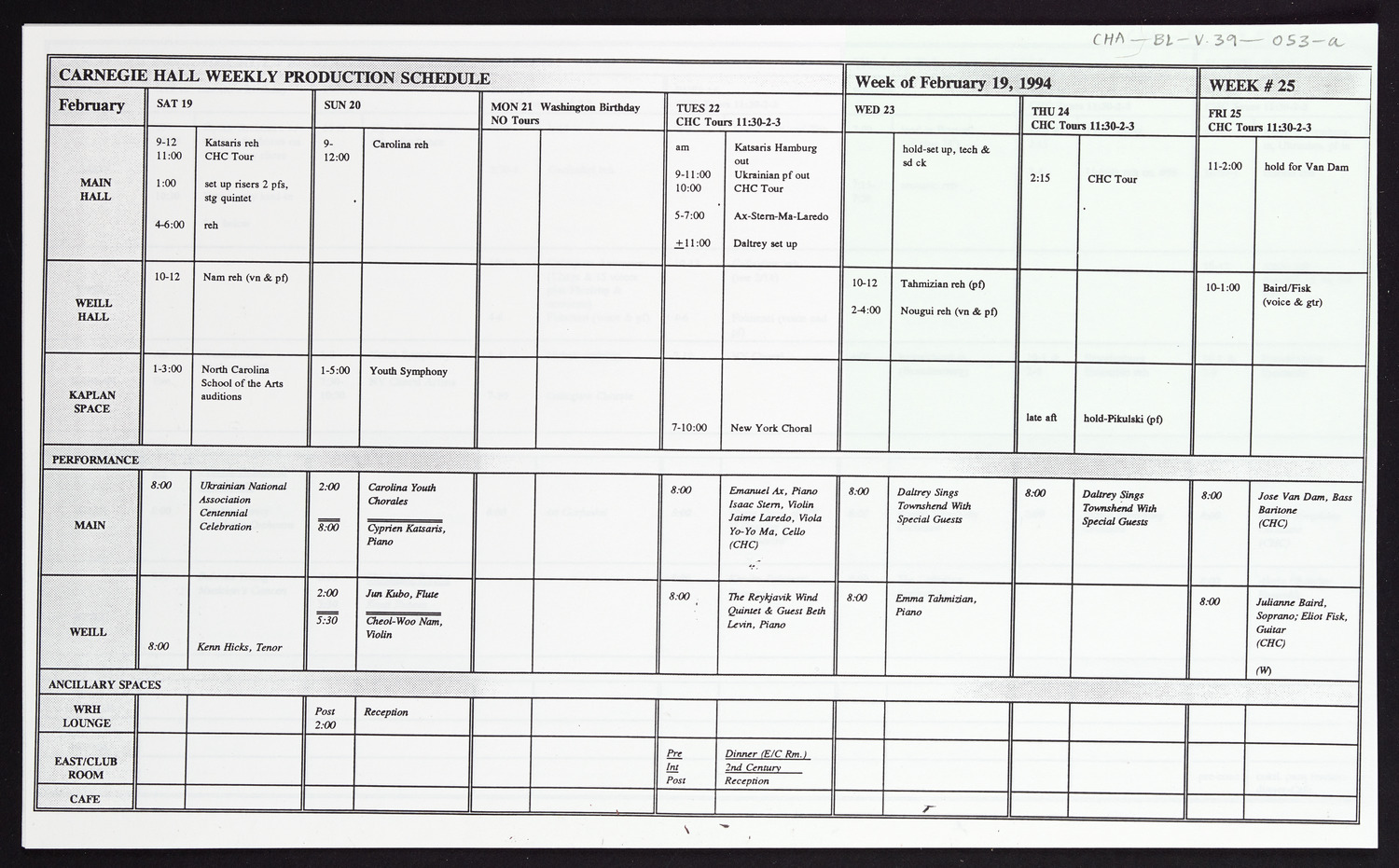 Carnegie Hall Booking Ledger, volume 39, page 53a