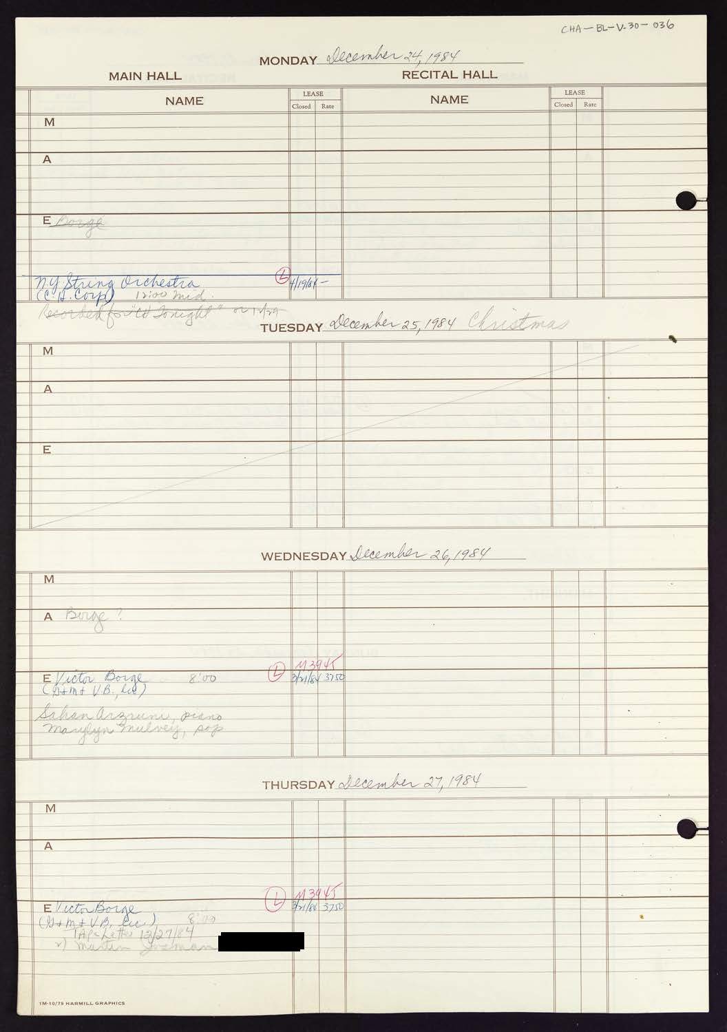 Carnegie Hall Booking Ledger, volume 30, page 36