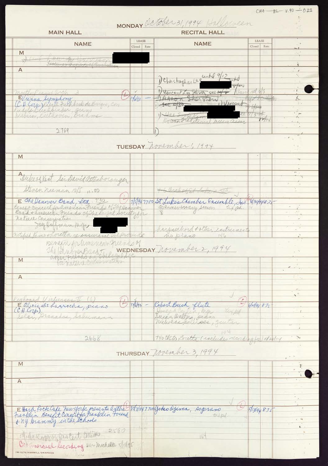 Carnegie Hall Booking Ledger, volume 40, page 22