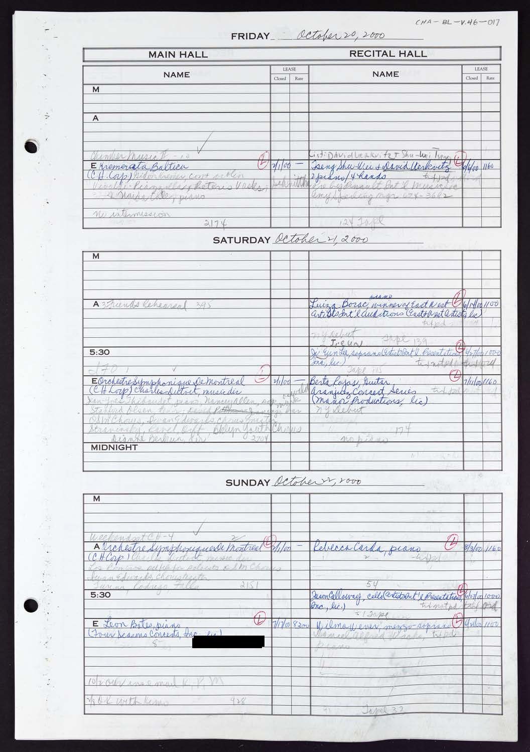 Carnegie Hall Booking Ledger, volume 46, page 17