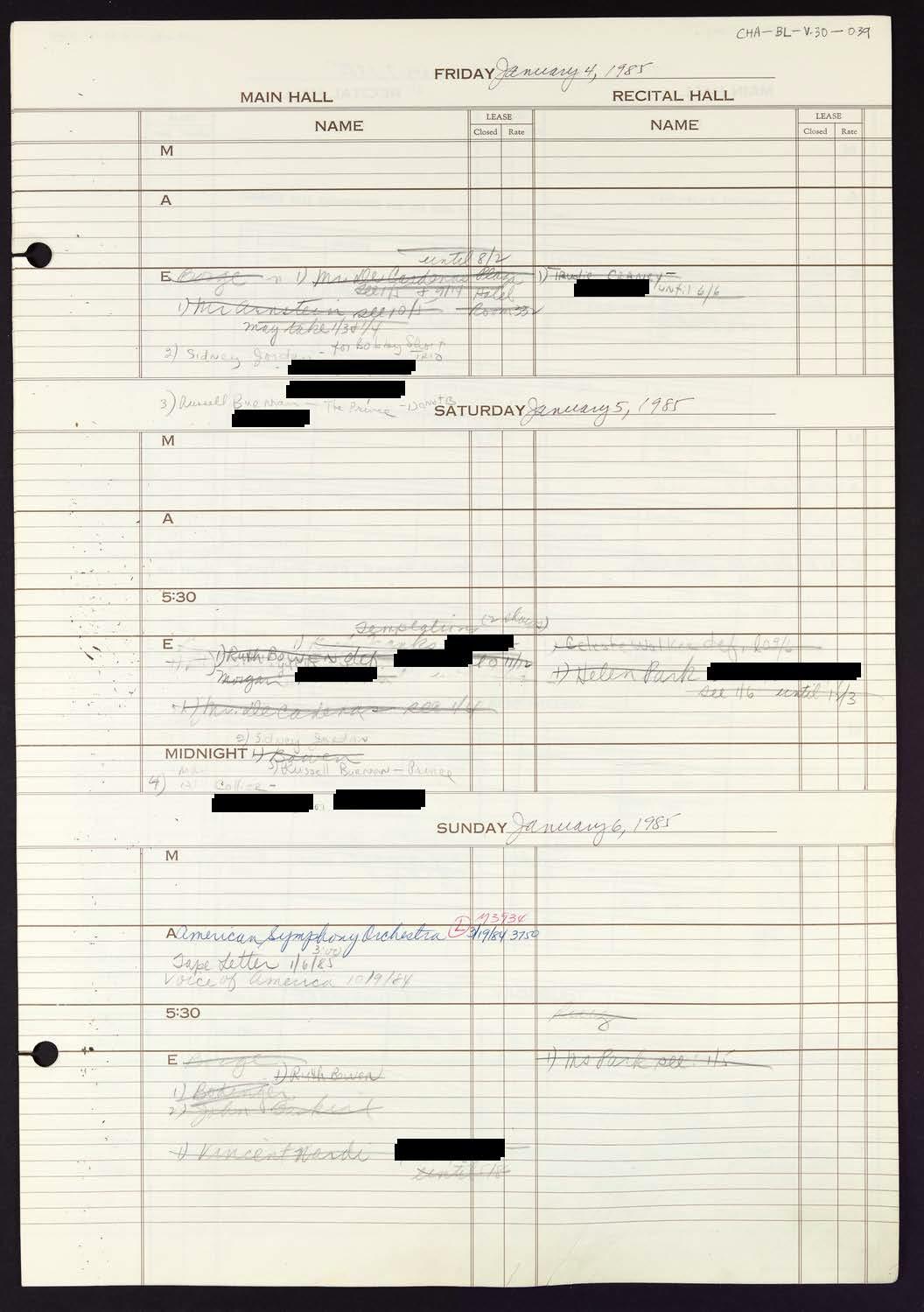 Carnegie Hall Booking Ledger, volume 30, page 39