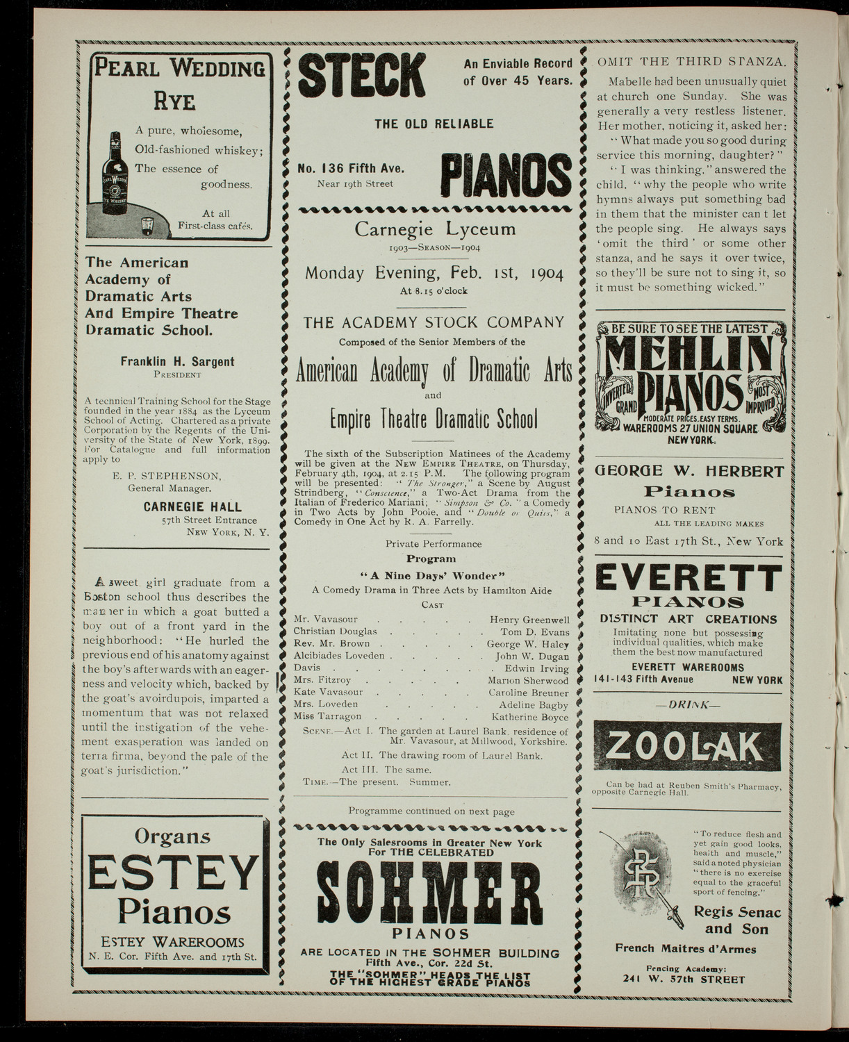 Academy Stock Company of the American Academy of Dramatic Arts/Empire Theatre Dramatic School, February 1, 1904, program page 2