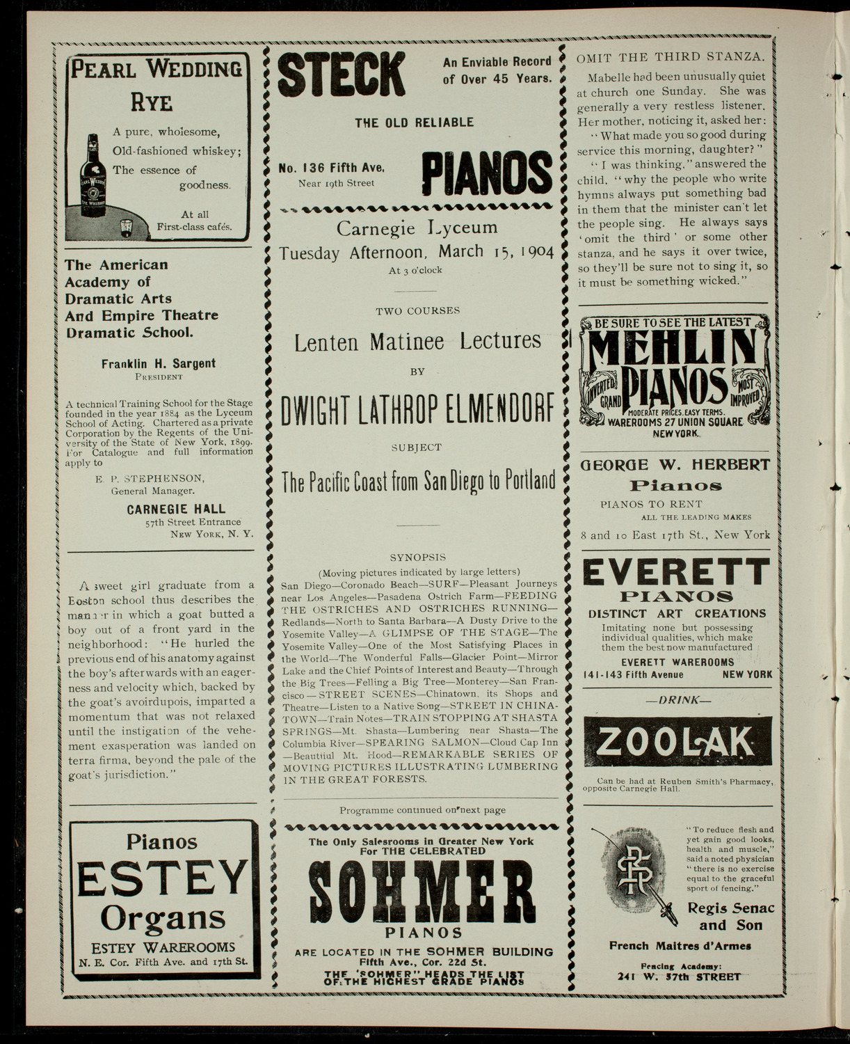 Elmendorf Lecture: The Pacific Coast from San Diego to Portland, March 15, 1904, program page 2