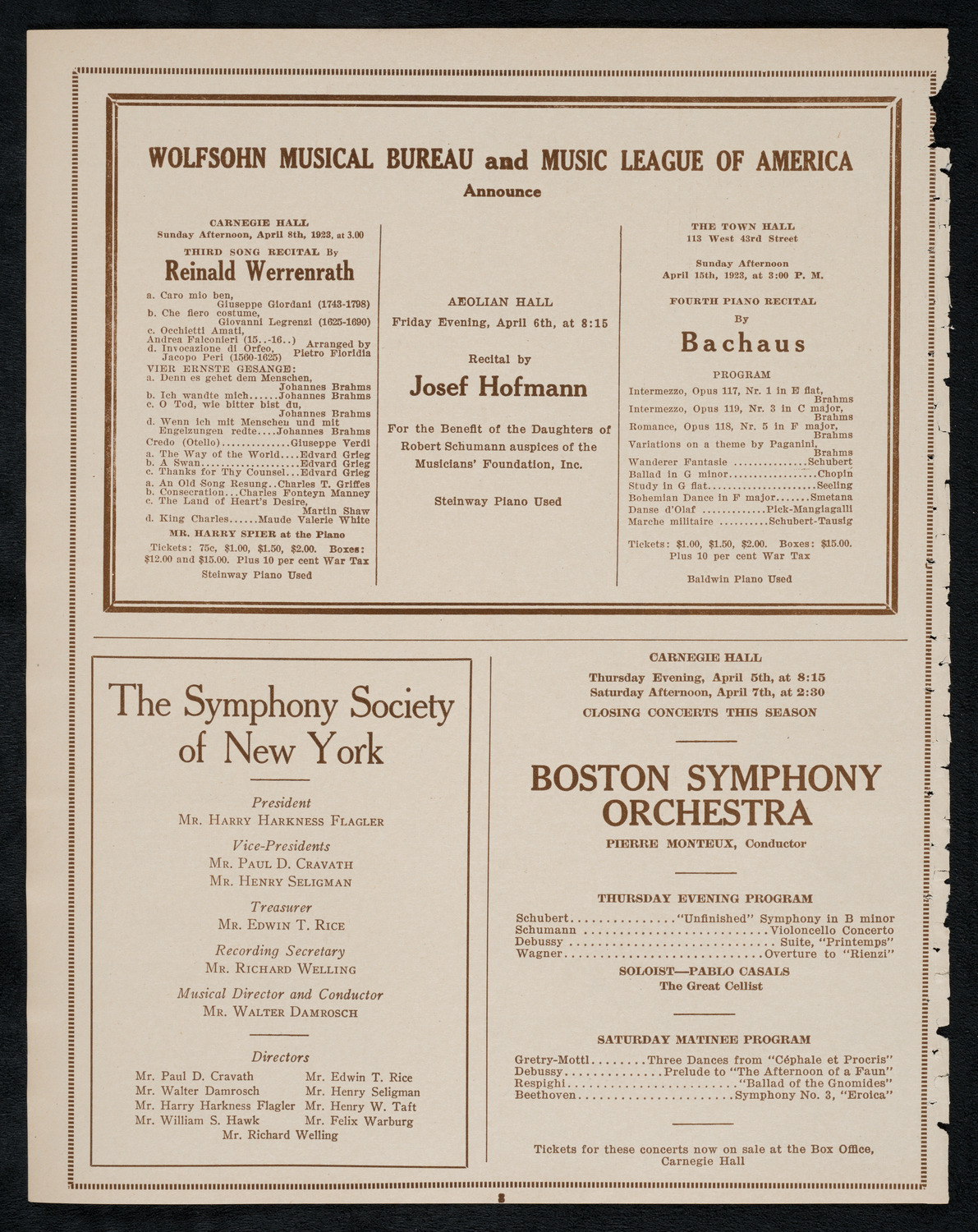 Jascha Heifetz, Violin, April 1, 1923, program page 8