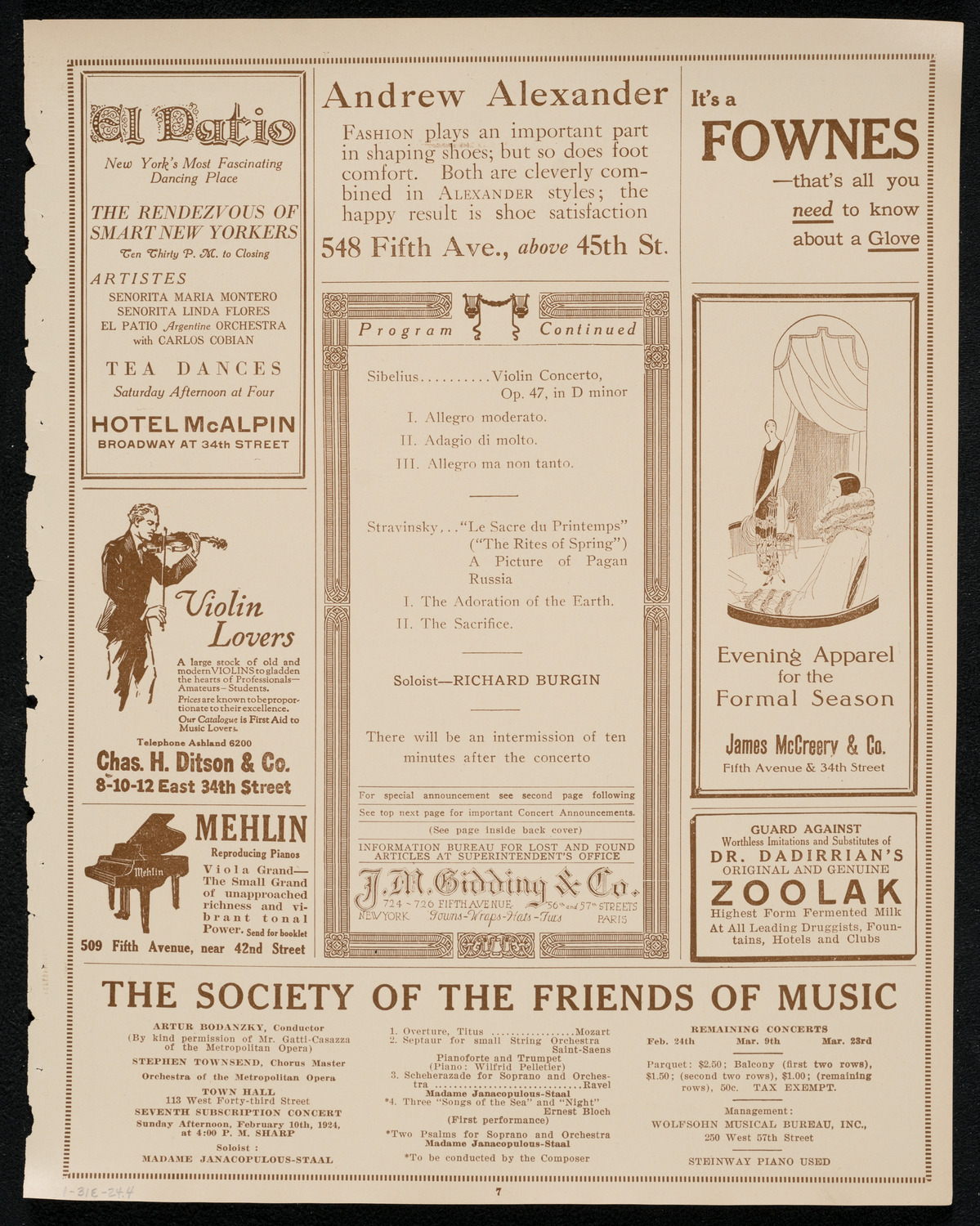 Boston Symphony Orchestra, January 31, 1924, program page 7