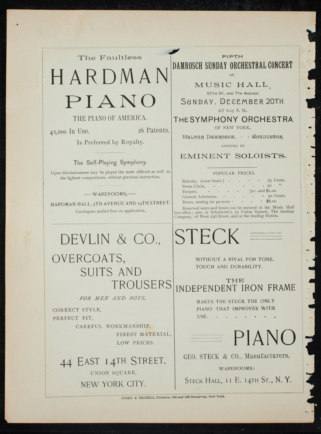 Damrosch Sunday Concert, December 13, 1891, program page 12