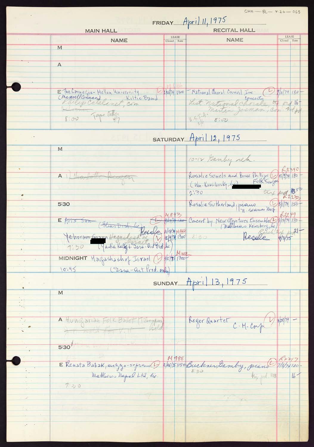 Carnegie Hall Booking Ledger, volume 20, page 65