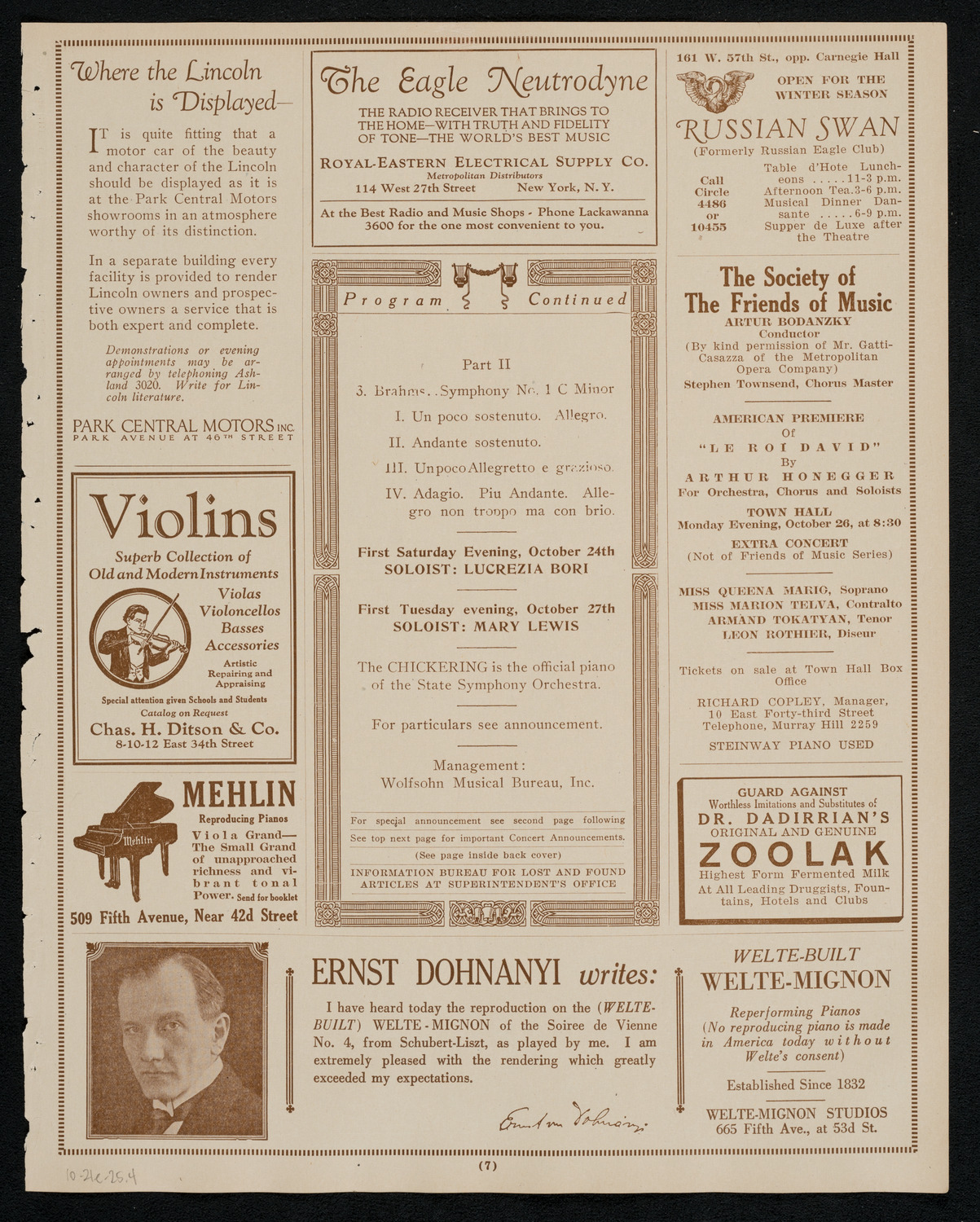 State Symphony Orchestra of New York, October 21, 1925, program page 7