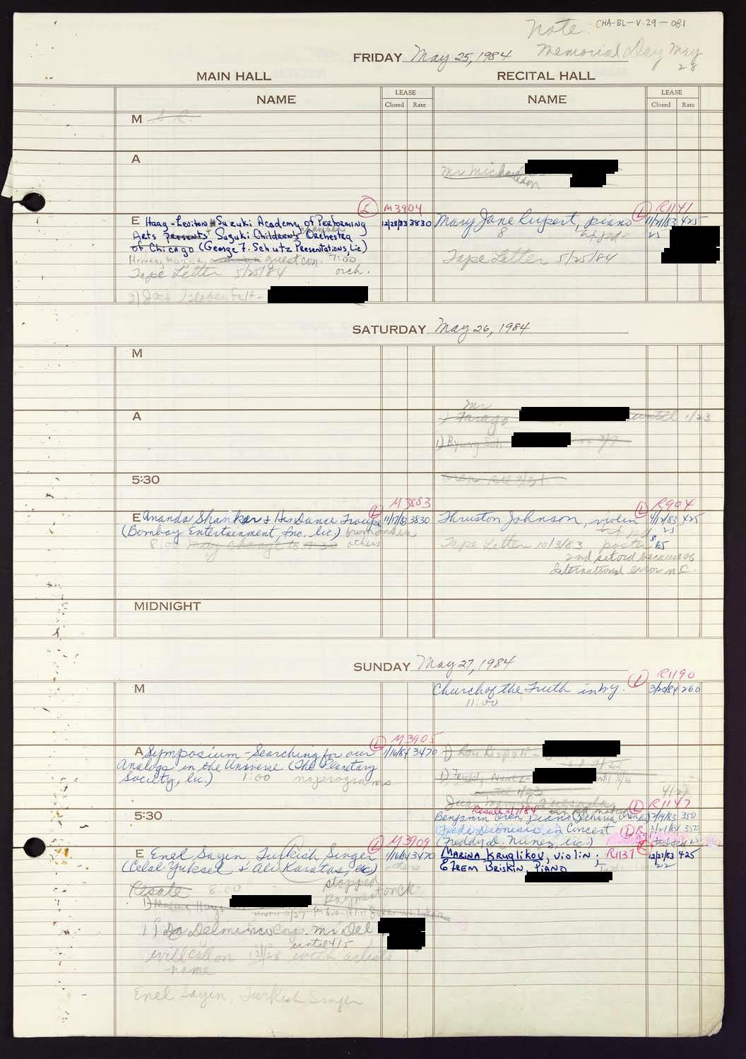 Carnegie Hall Booking Ledger, volume 29, page 81