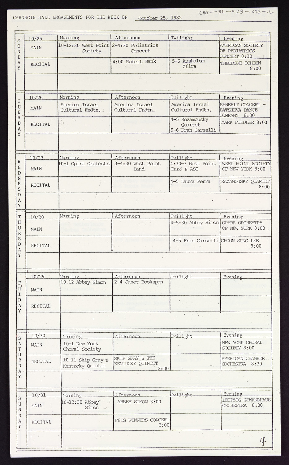 Carnegie Hall Booking Ledger, volume 28, page 22a