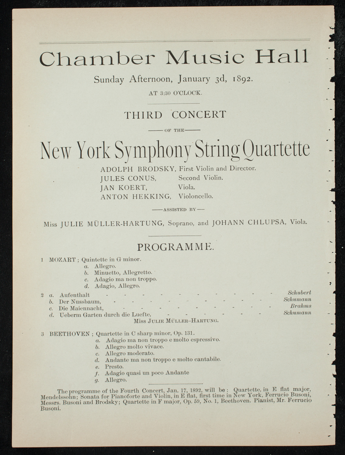 New York Symphony String Quartet, January 3, 1892, program page 6