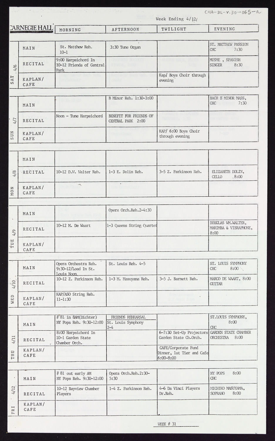 Carnegie Hall Booking Ledger, volume 30, page 65a