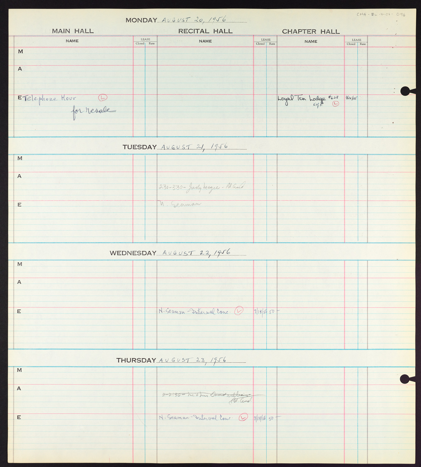 Carnegie Hall Booking Ledger, volume 1, page 96