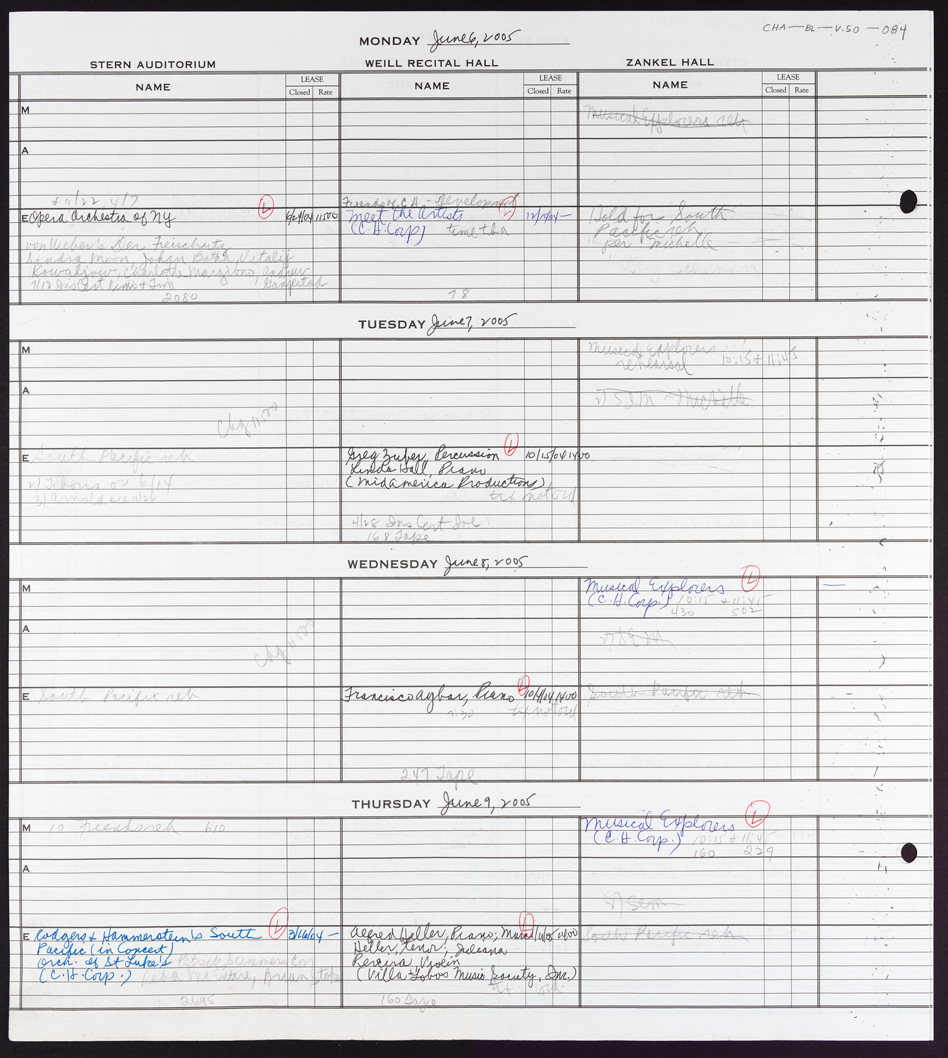Carnegie Hall Booking Ledger, volume 50, page 84