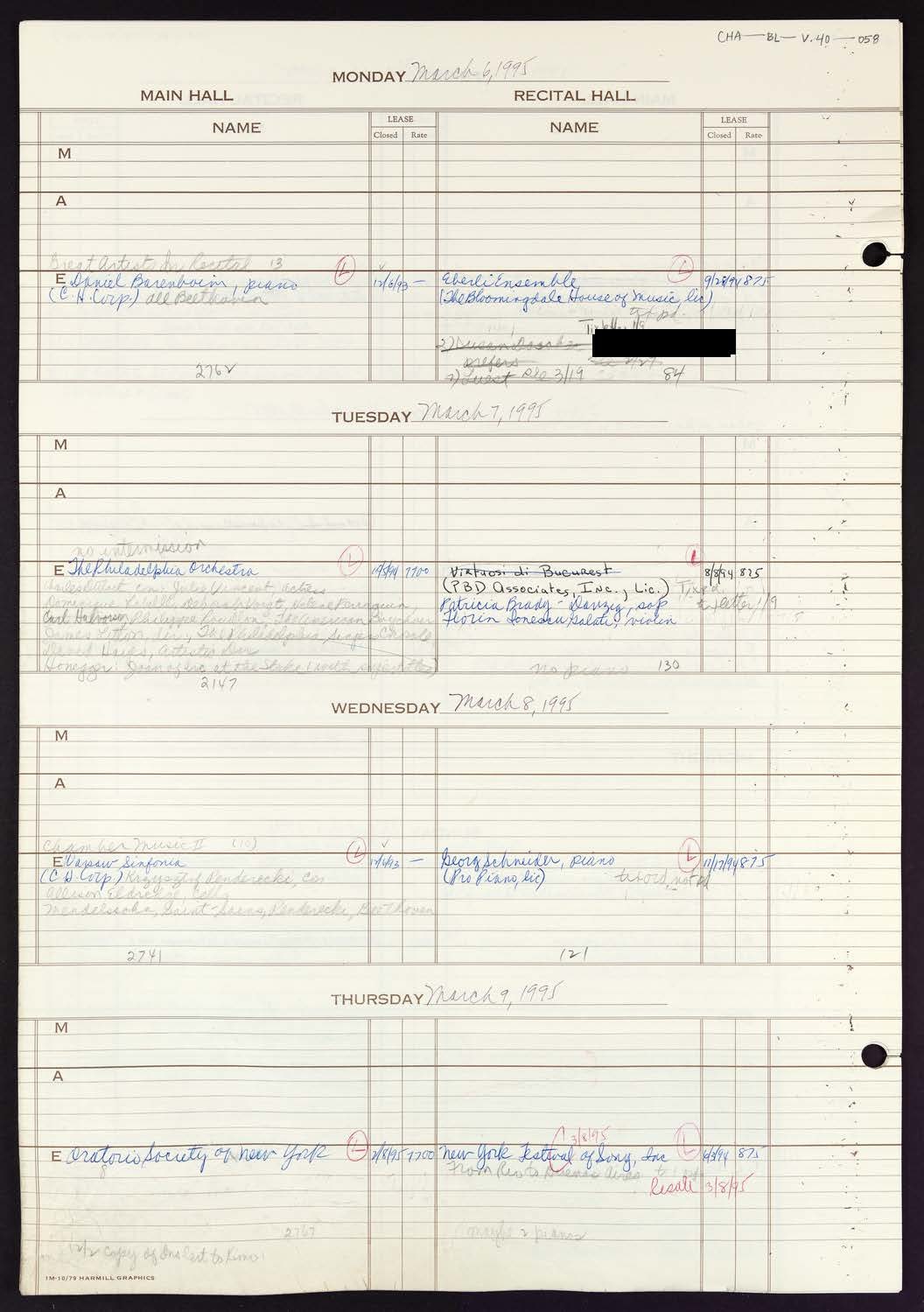 Carnegie Hall Booking Ledger, volume 40, page 58