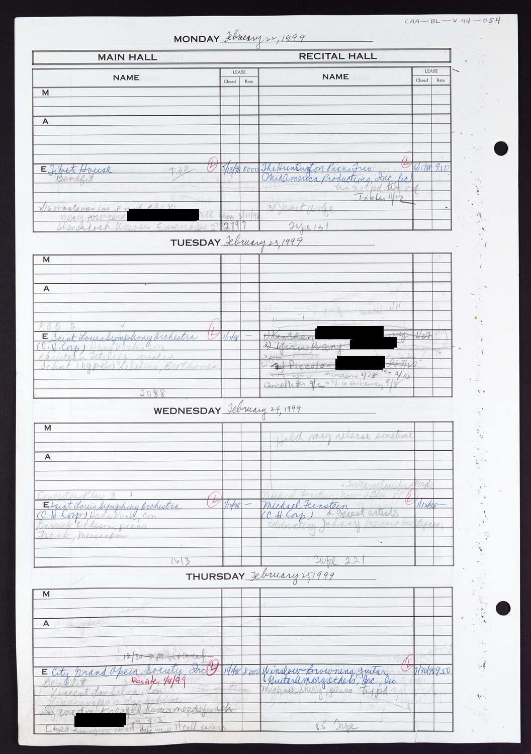 Carnegie Hall Booking Ledger, volume 44, page 54