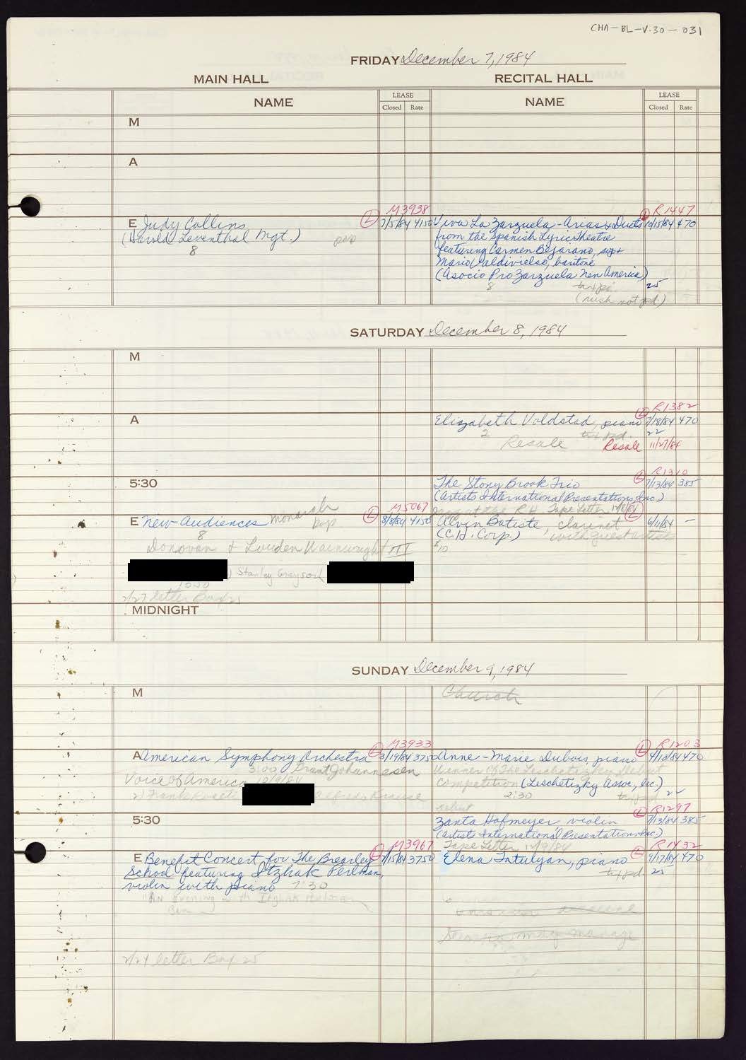 Carnegie Hall Booking Ledger, volume 30, page 31