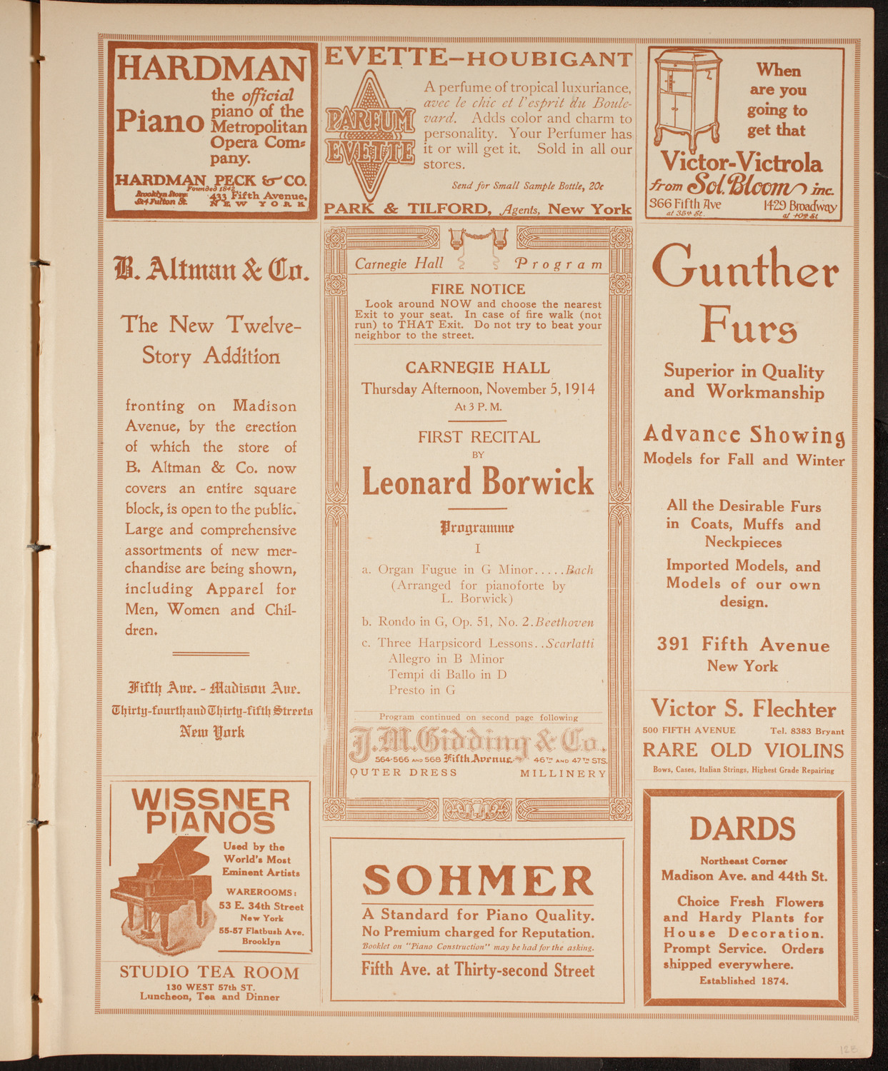 Leonard Borwick, Piano, November 5, 1914, program page 5