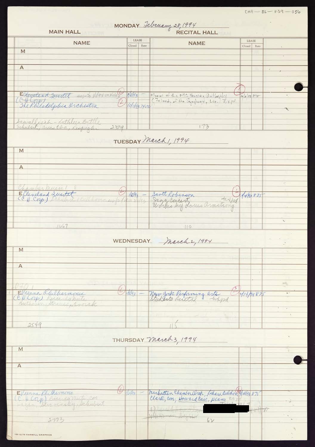 Carnegie Hall Booking Ledger, volume 39, page 56